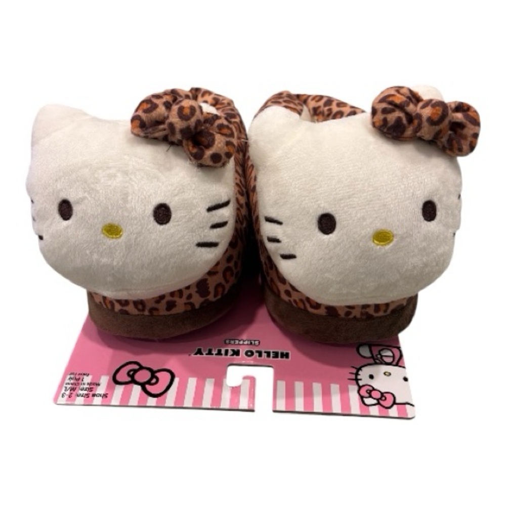 Hello Kitty White Plush Slippers with Leopard Bow and Brown Trim